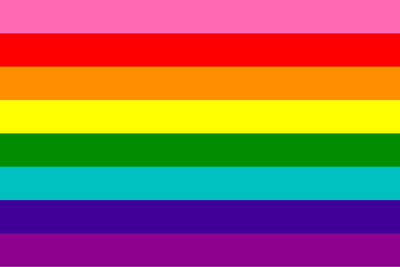Original 8-stripes pride flag with pink on top and separate turqoise and indigo instead of blue, symbolising as follows. Hot pink: Sex, Red: Life, Orange: Healing, Yellow: Sunlight, Green: Nature, Turquoise: Magic/Art, Indigo: Serenity, Violet: Spirit.